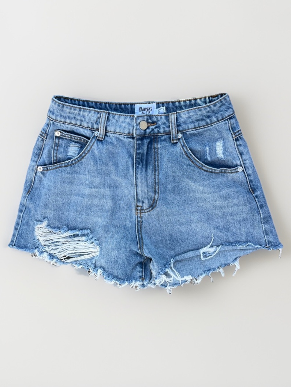 Princess Polly High Rise Cut Off Denim Distressed Shorts Medium Blue Size 6